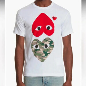 NWT Comme des Garçons PLAY Two Heart Camo Cotton Tee Shirt White S